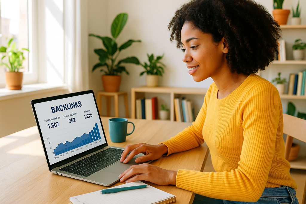 Business owner reviewing a backlink checker on a laptop for better website SEO.