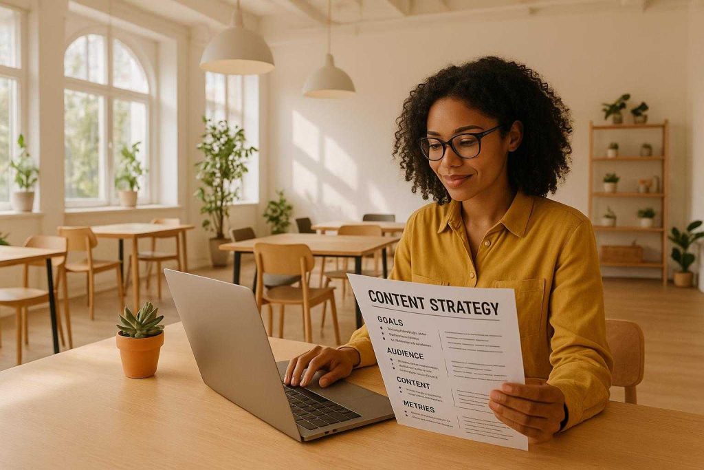Business owner analyzing content strategy on a laptop, illustrating how content boosts SEO