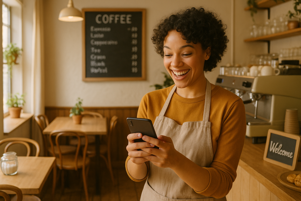 Local cafe owner reviewing mobile SEO analytics on a smartphone to boost visibility.