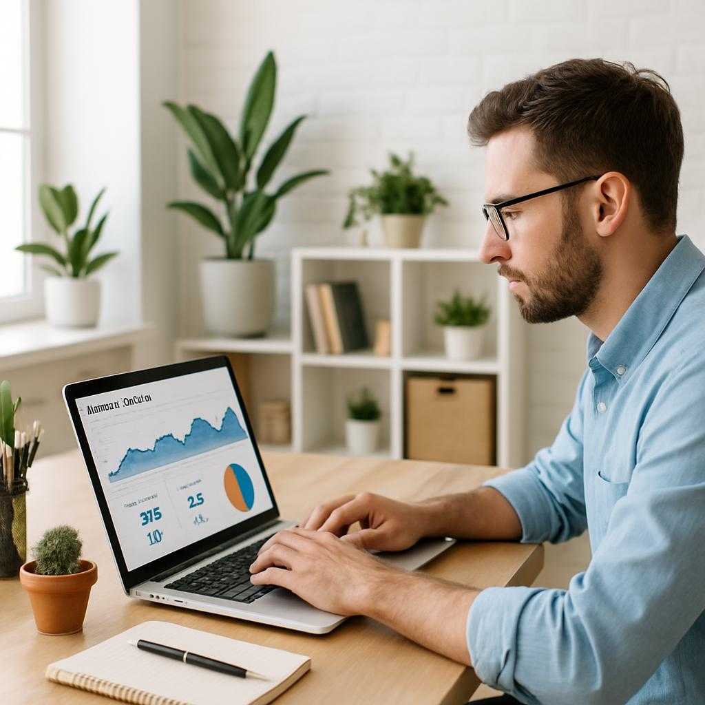 A small business owner optimizing website content on a laptop to reduce ad spend.