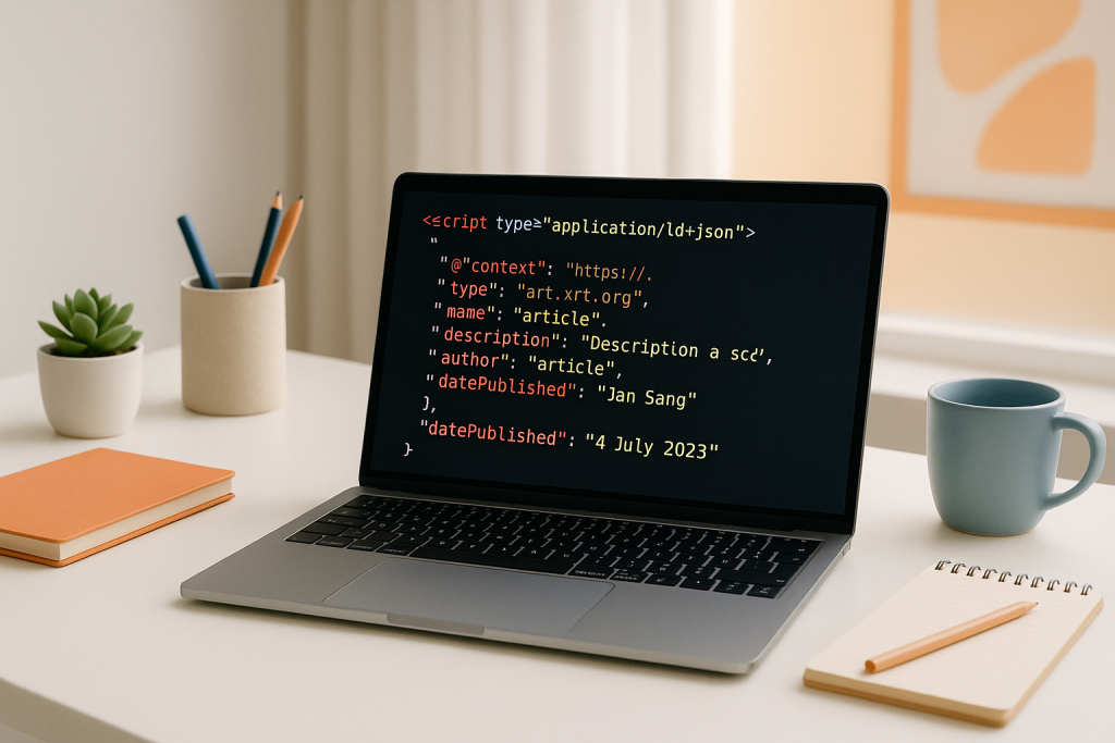 Professional reviewing structured data markup on laptop to boost SERP features.