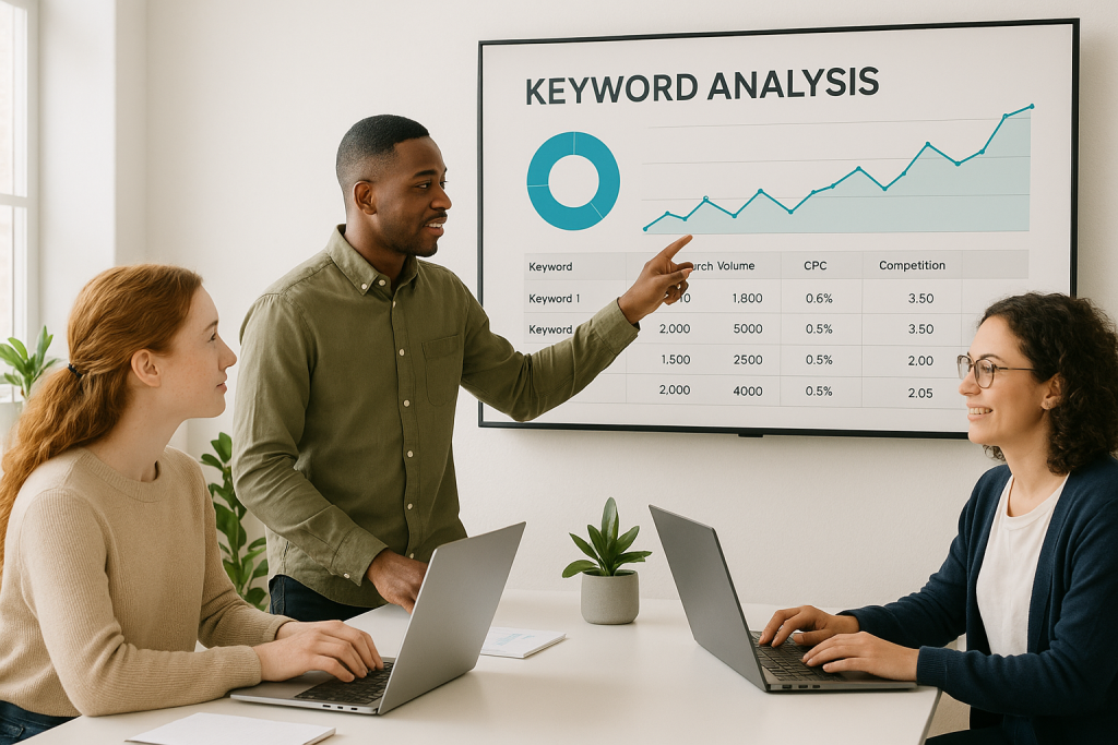 Team analyzing large-scale websites with enterprise SEO tools for advanced keyword research