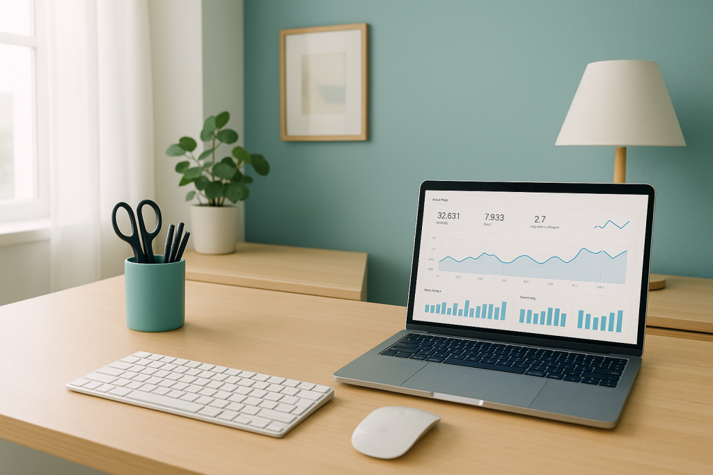Laptop displaying free vs paid ecommerce SEO comparisons in a naturally lit workspace.
