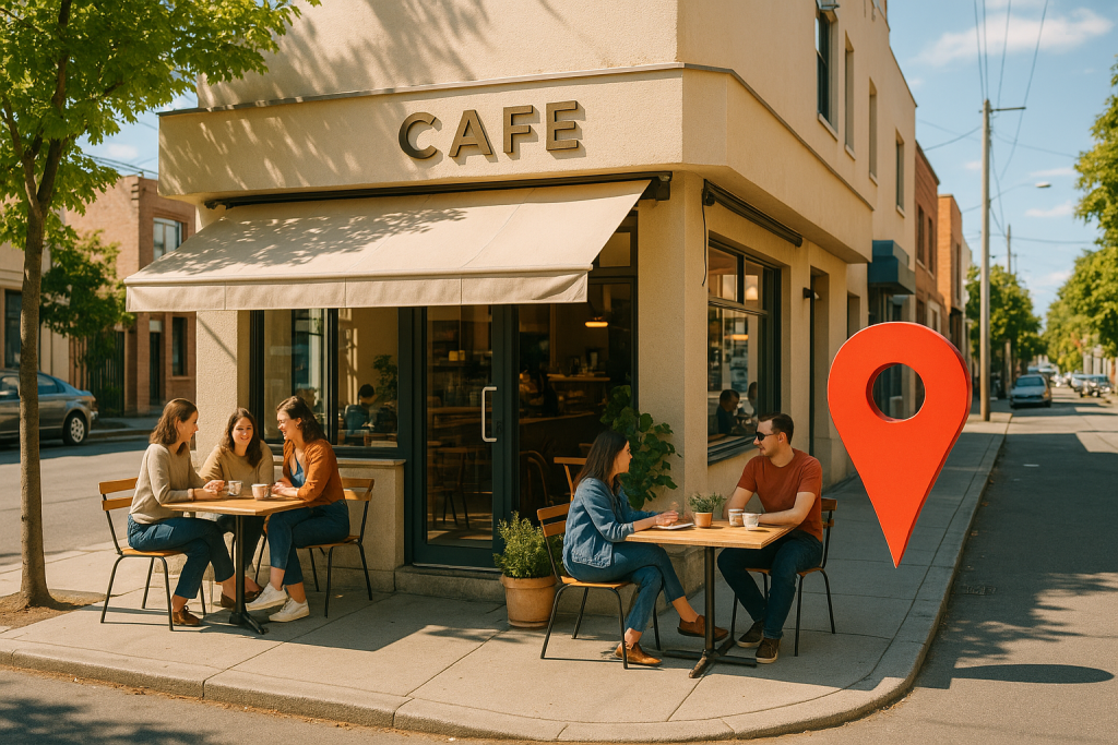 A local café with a visible location pin illustrating how local citations improve visibility in local search results.