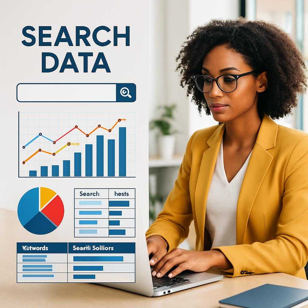 Marketer reviewing keyword data on a laptop, emphasizing precise keyword usage for better SEO ranking.