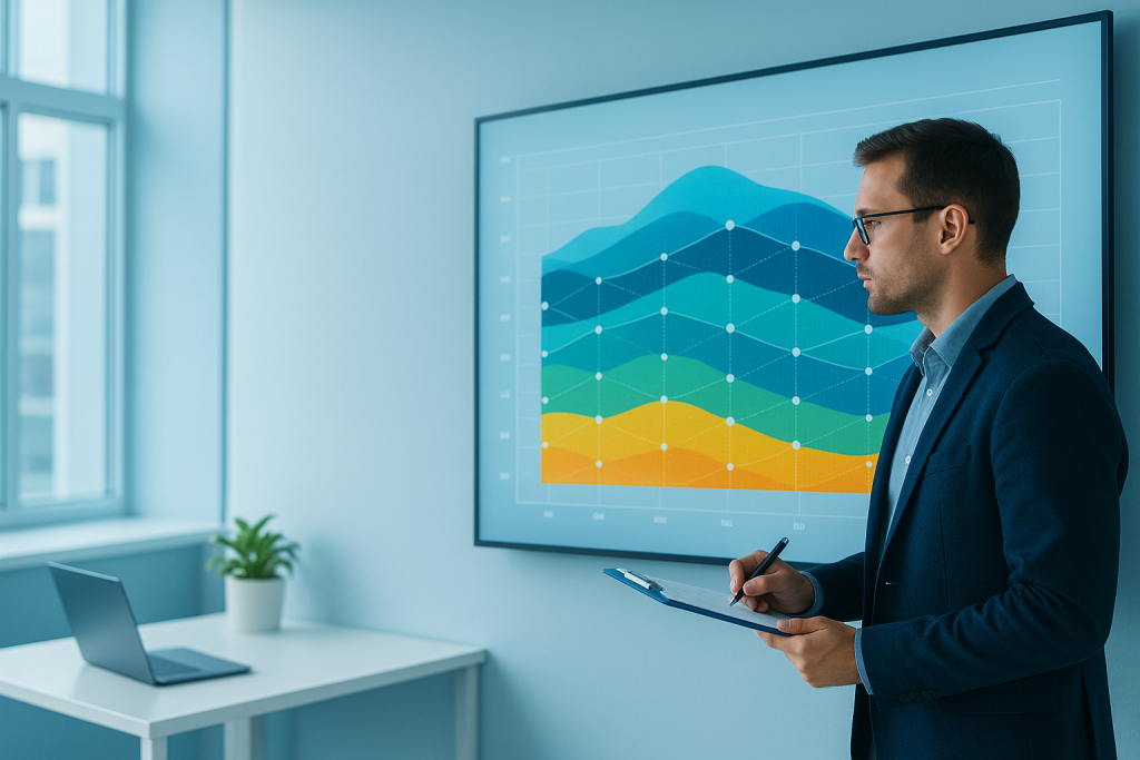 Professional reviewing structured data markup on a large screen to improve website SEO ranking in a bright office setting.