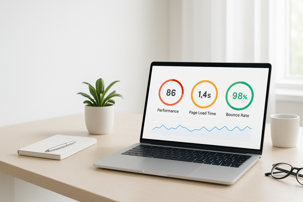 Laptop with performance metrics highlighting how technical SEO improves website speed.