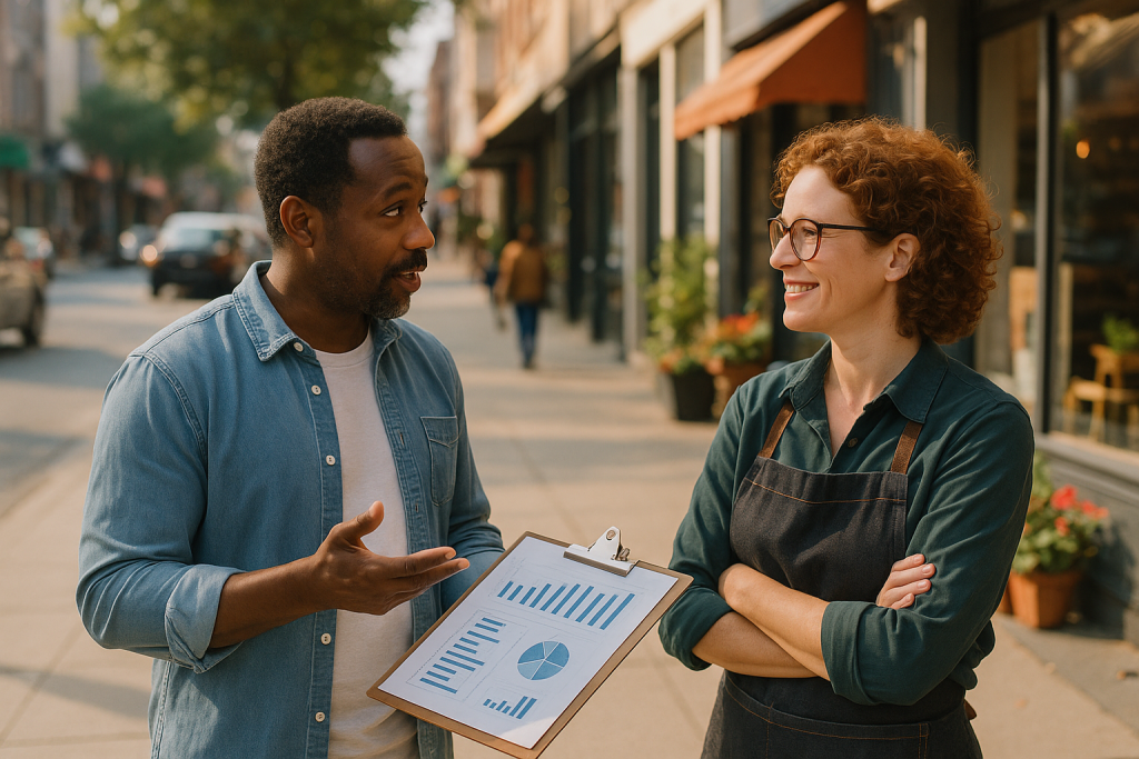Shop owners discussing local SEO campaign budget strategies.
