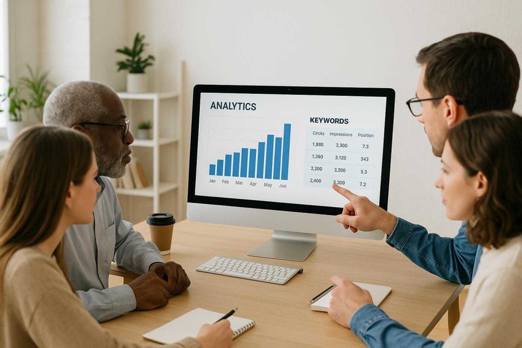 Team analyzing data for long-tail keywords in a modern workspace