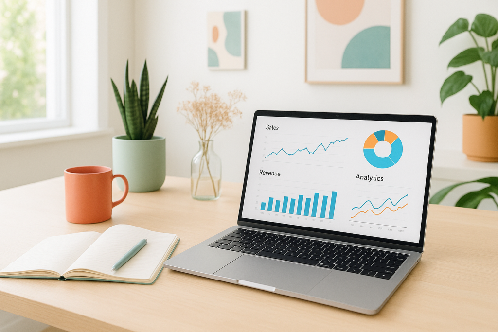 Bright office desk with laptop analytics highlighting content optimization strategies.