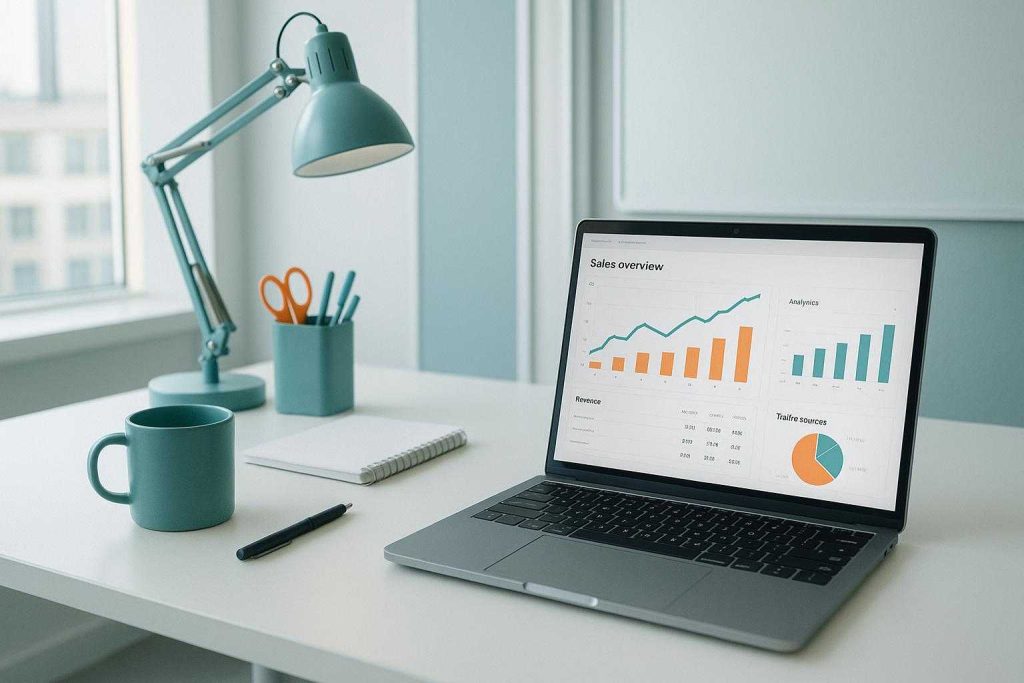 Modern workspace with a laptop showing analytics, reflecting SEO metrics for adaptive creative variants.