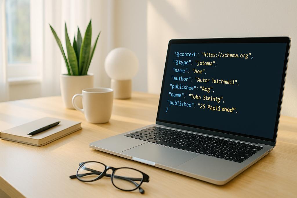 Laptop screen showing schema markup code, supporting effective technical SEO strategies.