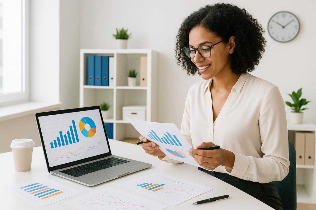 Marketing professional in a modern office reviewing data for best keyword targeting.