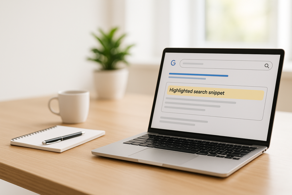 Laptop screen showing a featured snippet result, representing content-driven SEO best practices.