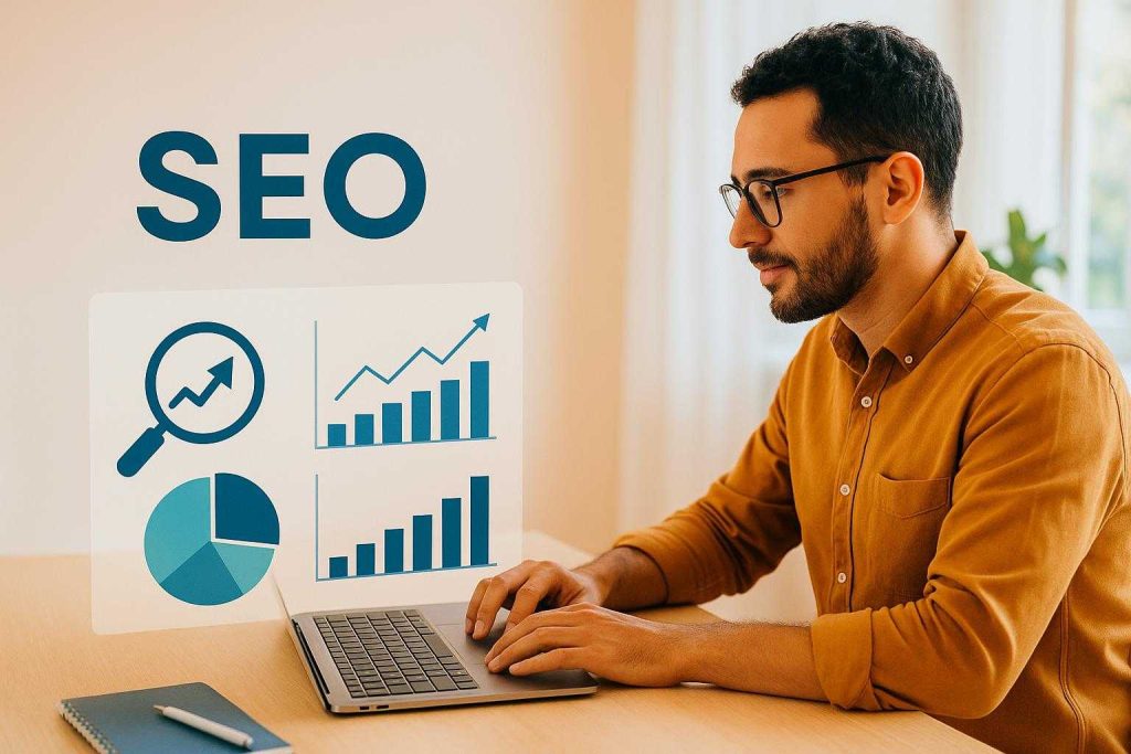 Business owner reviewing data on a laptop, illustrating how SEO strategies reduce ad costs.