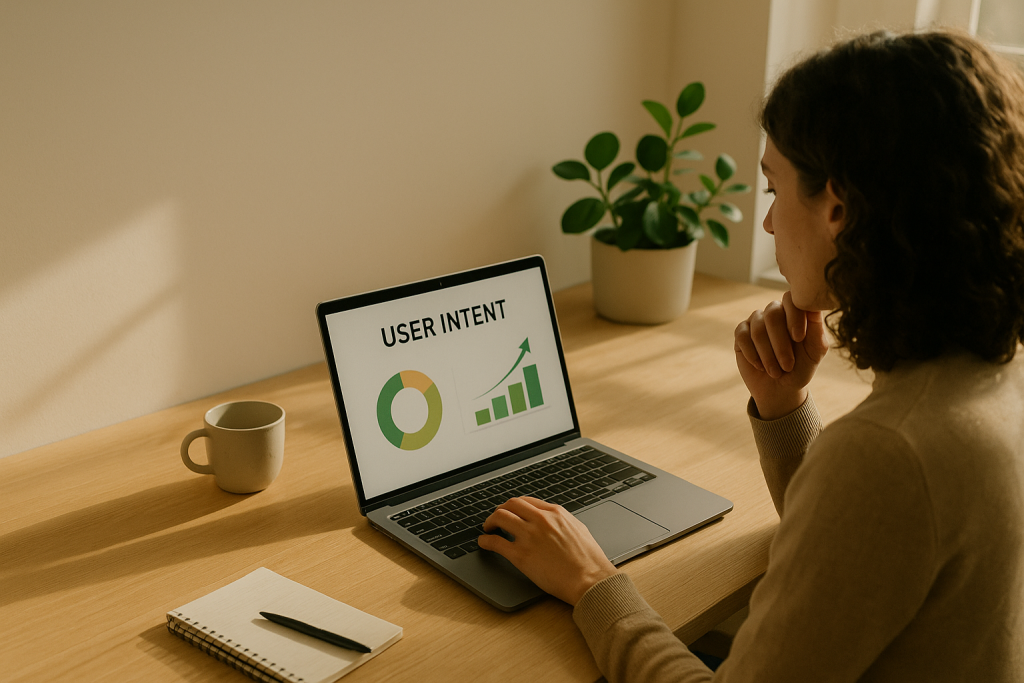 Marketer analyzing user intent data on a laptop for effective SEO content.